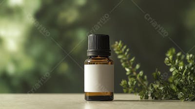 Frasco de óleo essencial em ambiente natural com fundo esverdeado