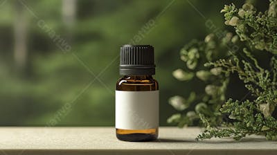 Frasco de óleo essencial em ambiente natural com fundo esverdeado