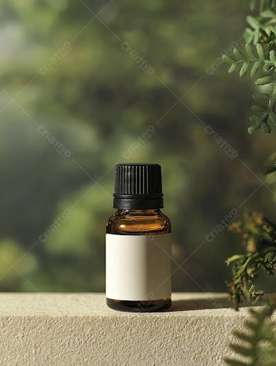 Frasco de óleo essencial em ambiente natural com fundo esverdeado