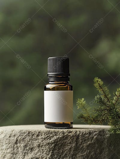 Frasco de óleo essencial em ambiente natural com fundo esverdeado