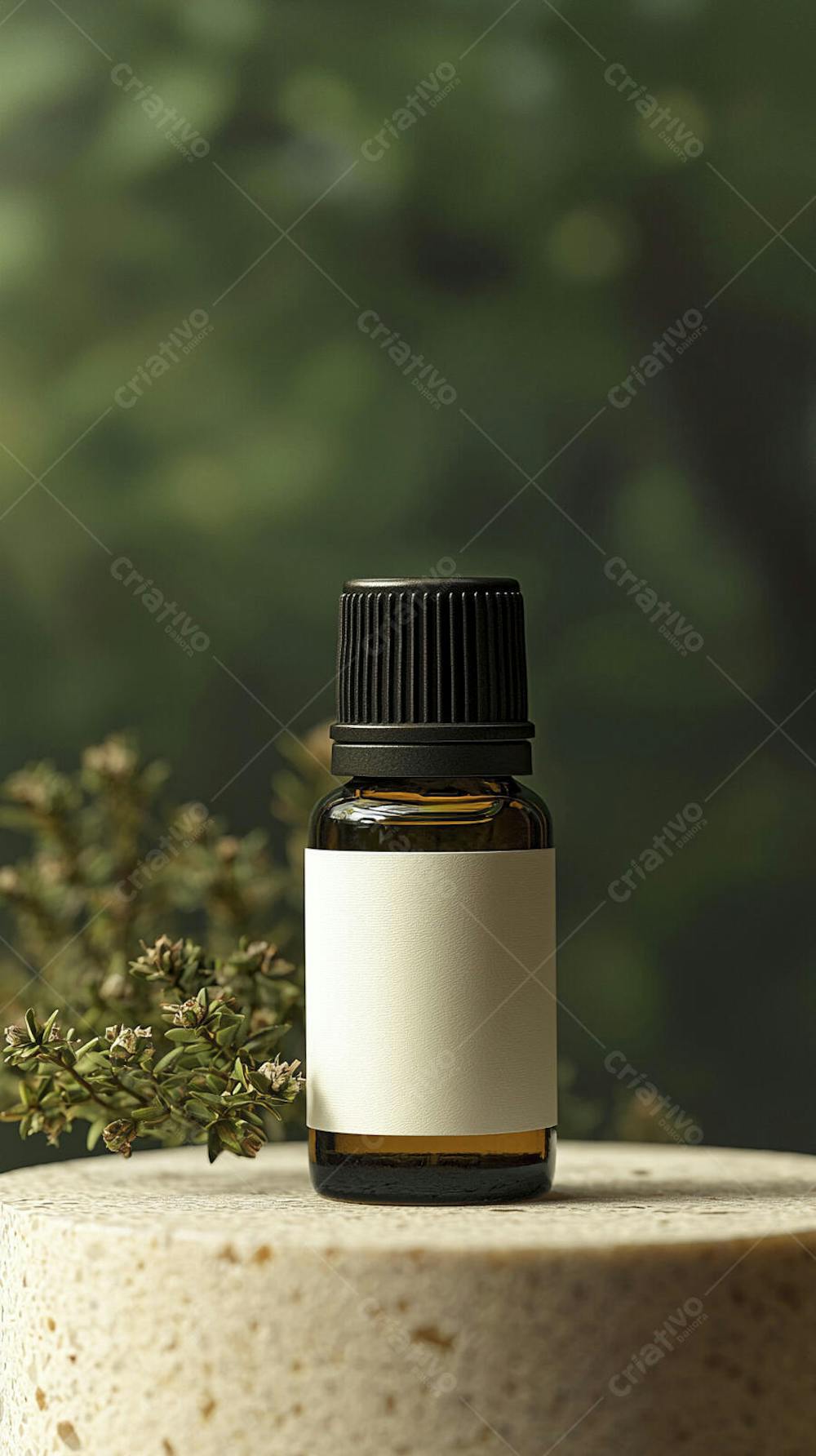 Frasco de óleo essencial em ambiente natural com fundo esverdeado