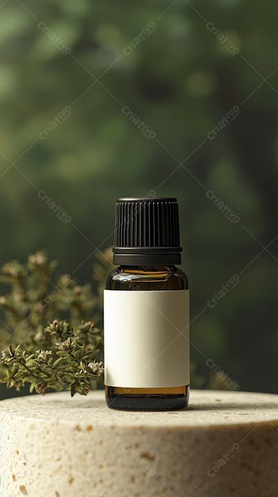 Frasco de óleo essencial em ambiente natural com fundo esverdeado