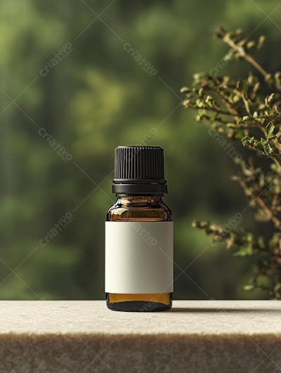 Frasco de óleo essencial em ambiente natural com fundo esverdeado