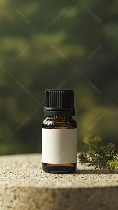 Frasco de óleo essencial em ambiente natural com fundo esverdeado