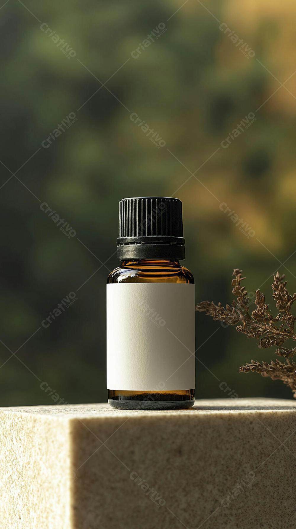 Frasco de óleo essencial em ambiente natural com fundo esverdeado