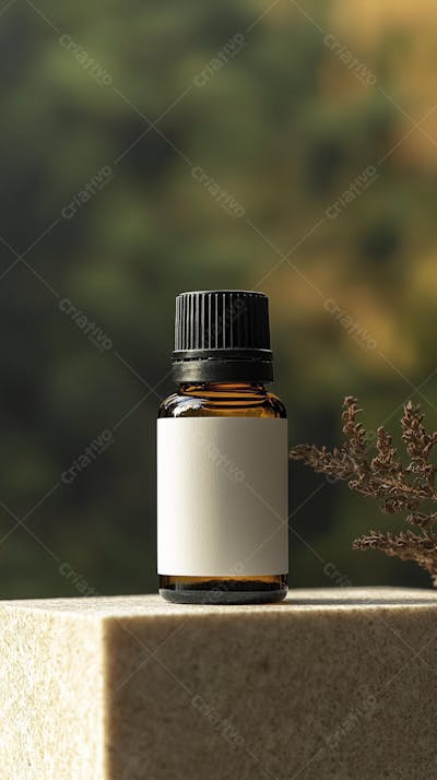 Frasco de óleo essencial em ambiente natural com fundo esverdeado