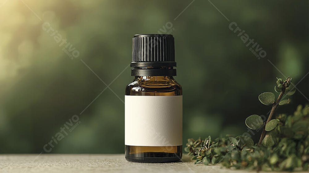 Frasco de óleo essencial em ambiente natural com fundo esverdeado