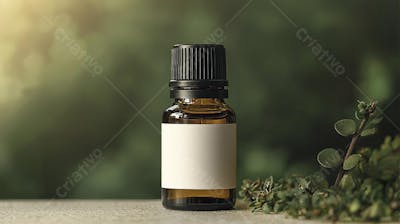 Frasco de óleo essencial em ambiente natural com fundo esverdeado