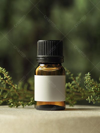 Frasco de óleo essencial em ambiente natural com fundo esverdeado