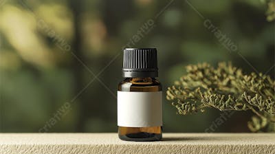 Frasco de óleo essencial em ambiente natural com fundo esverdeado