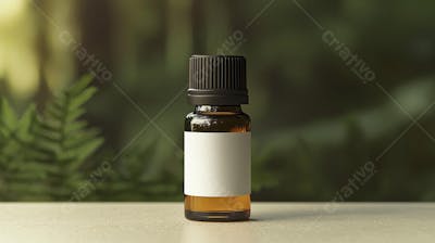 Frasco de óleo essencial em ambiente natural com fundo esverdeado