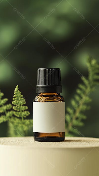 Frasco de óleo essencial em ambiente natural com fundo esverdeado