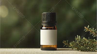 Frasco de óleo essencial em ambiente natural com fundo esverdeado