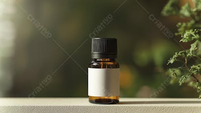 Frasco de óleo essencial em ambiente natural com fundo esverdeado