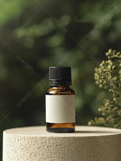 Frasco de óleo essencial em ambiente natural com fundo esverdeado