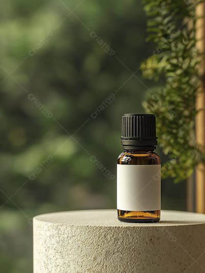 Frasco de óleo essencial em ambiente natural com fundo esverdeado