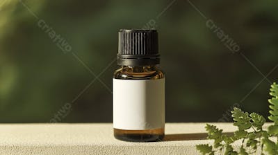 Frasco de óleo essencial em ambiente natural com fundo esverdeado