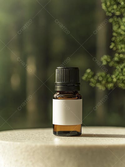 Frasco de óleo essencial em ambiente natural com fundo esverdeado
