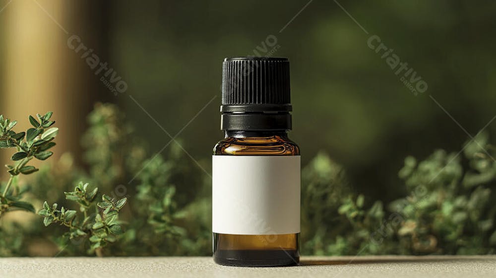 Frasco de óleo essencial em ambiente natural com fundo esverdeado