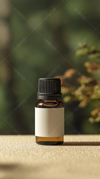 Frasco de óleo essencial em ambiente natural com fundo esverdeado