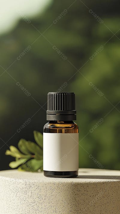 Frasco de óleo essencial em ambiente natural com fundo esverdeado