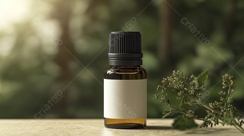 Frasco de óleo essencial em ambiente natural com fundo esverdeado