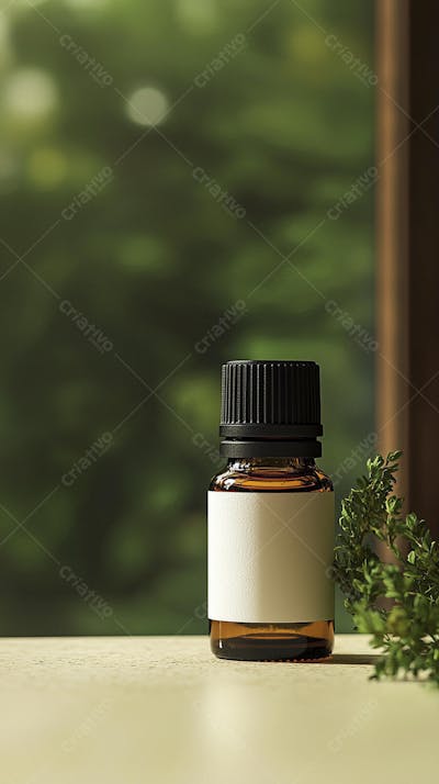 Frasco de óleo essencial em ambiente natural com fundo esverdeado