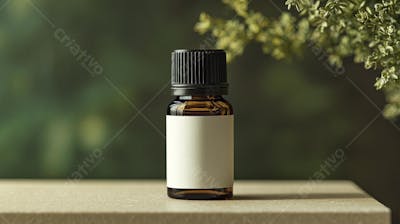 Frasco de óleo essencial em ambiente natural com fundo esverdeado