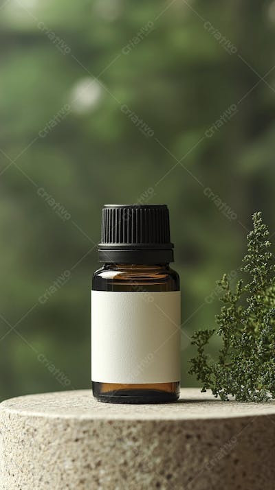 Frasco de óleo essencial em ambiente natural com fundo esverdeado