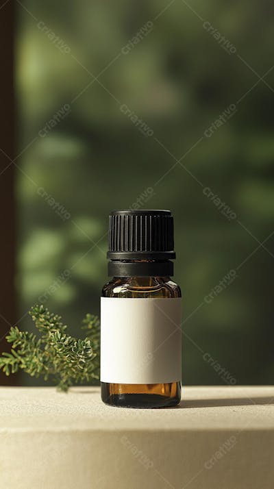 Frasco de óleo essencial em ambiente natural com fundo esverdeado