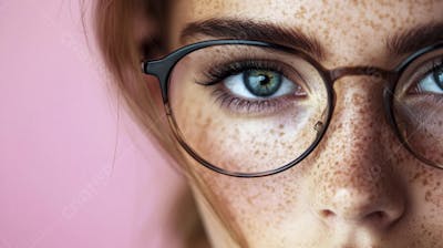 Mulher com Olhar Intenso e Detalhado Através das Lentes de um Óculos em Fundo Rosa