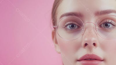 Mulher com Olhar Intenso e Detalhado Através das Lentes de um Óculos em Fundo Rosa