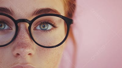 Mulher com Olhar Intenso e Detalhado Através das Lentes de um Óculos em Fundo Rosa
