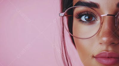 Mulher com Olhar Intenso e Detalhado Através das Lentes de um Óculos em Fundo Rosa