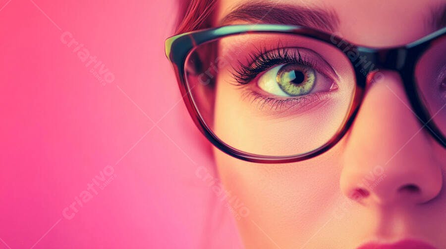 Olho feminino com óculos fundo rosa