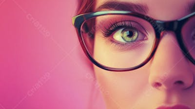 Mulher com Olhar Intenso e Detalhado Através das Lentes de um Óculos em Fundo Rosa
