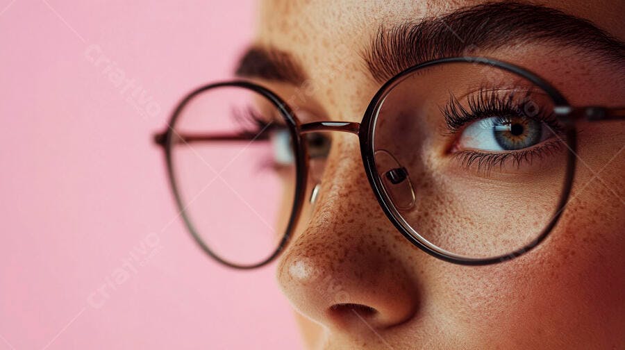 Olho feminino com óculos fundo rosa