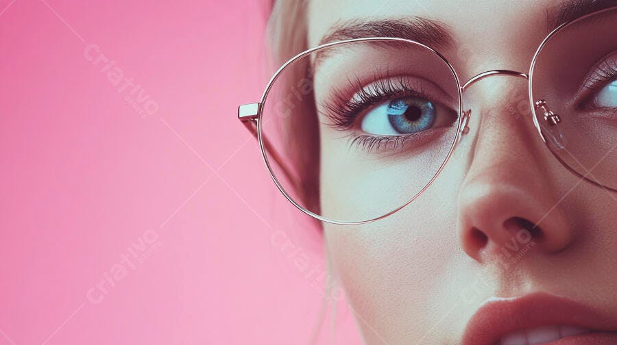 Olhos azuis óculos redondos fundo rosa
