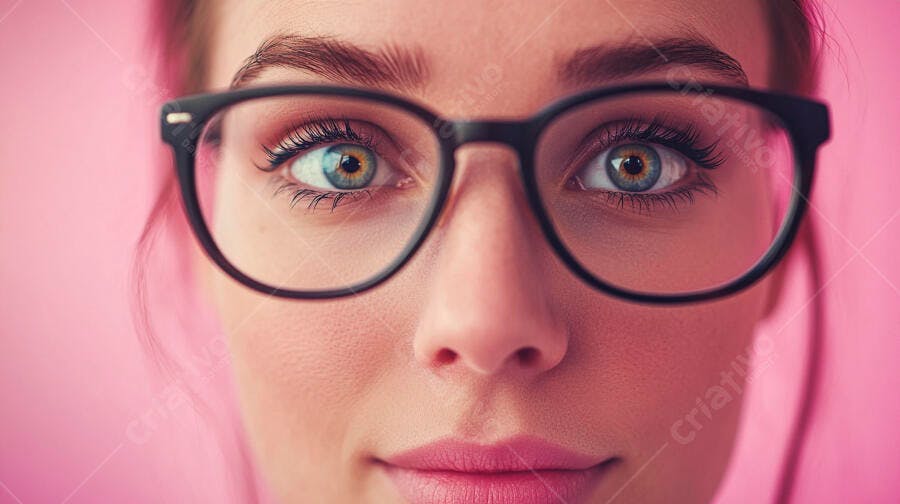 Olhos azuis atrás de óculos fundo rosa