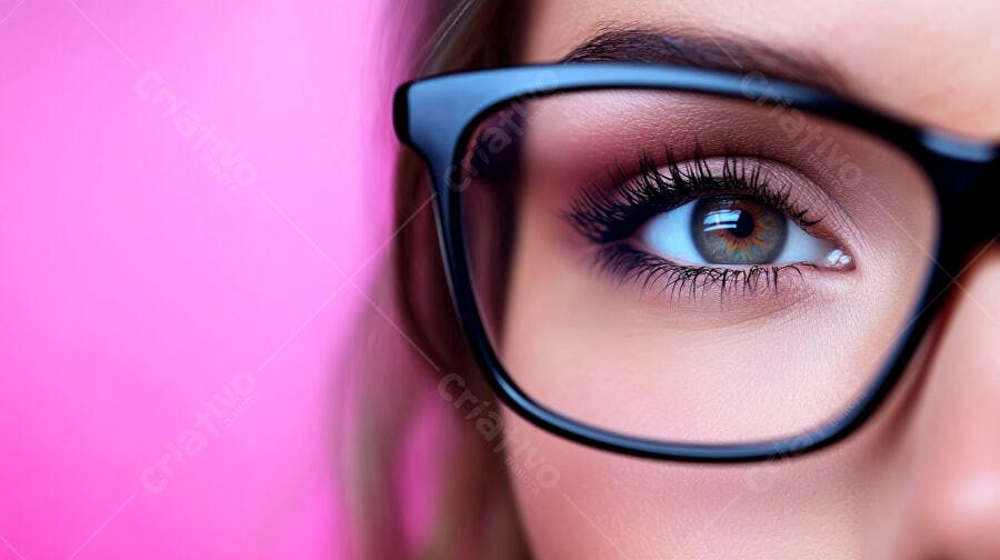 Olho feminino com óculos fundo rosa