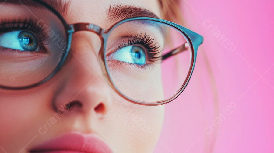 Olhos azuis com óculos fundo rosa