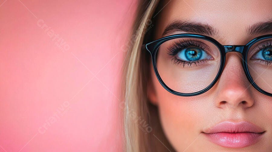 Olhos azuis mulher óculos fundo rosa