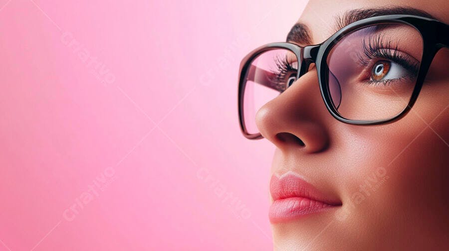 Mulher de óculos olhando para cima fundo rosa