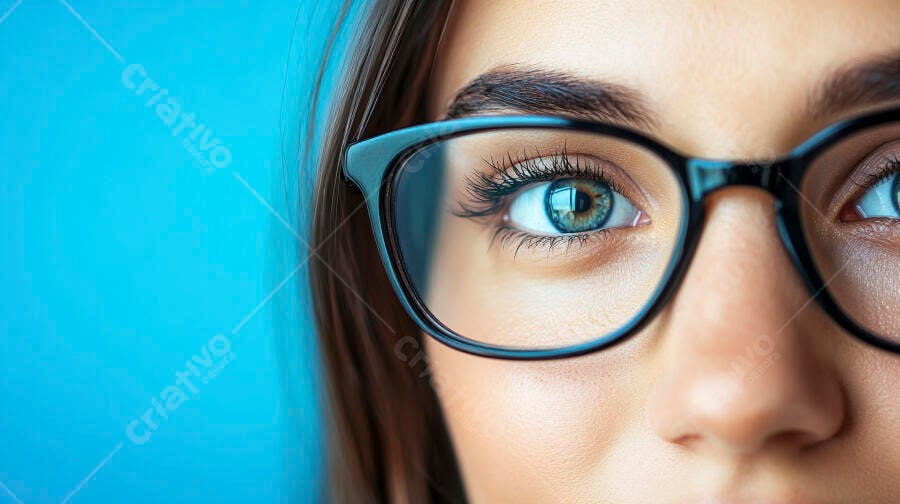 Olhos azuis com óculos fundo azul