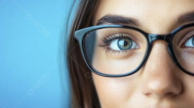 Mulher com Olhar Intenso e Detalhado Através das Lentes de um Óculos em Fundo Azul