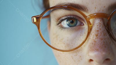 Mulher com Olhar Intenso e Detalhado Através das Lentes de um Óculos em Fundo Azul