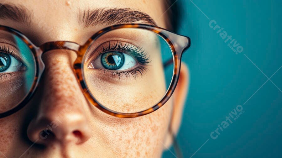 Olhos azuis com sardas óculos