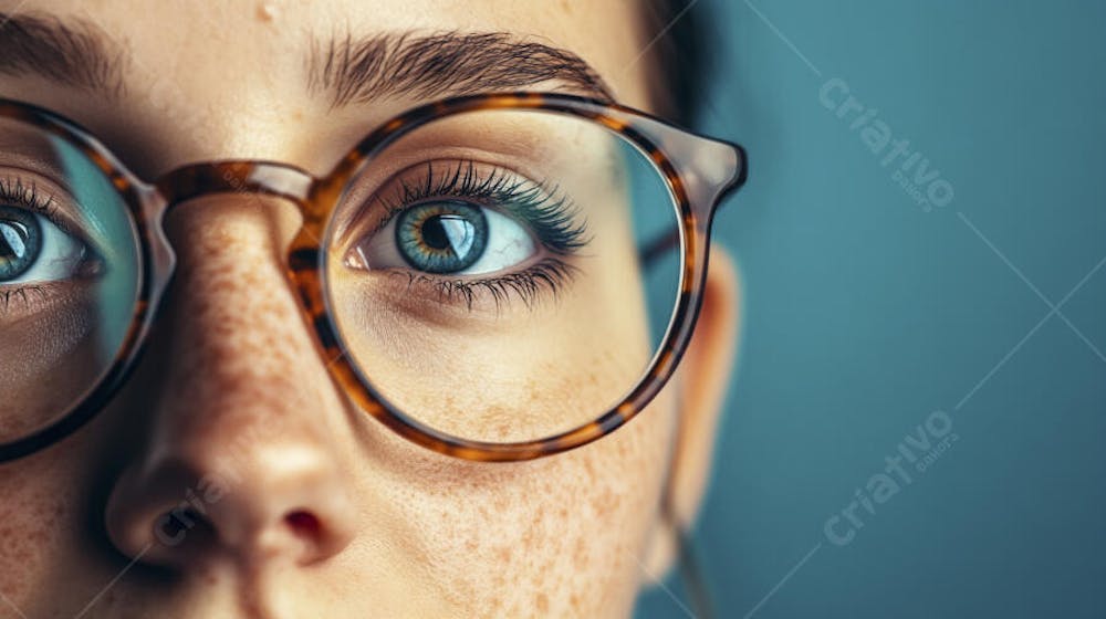 Mulher com Olhar Intenso e Detalhado Através das Lentes de um Óculos em Fundo Azul