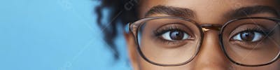 Mulher com Olhar Intenso e Detalhado Através das Lentes de um Óculos em Fundo Azul