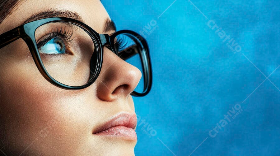 Mulher com óculos olhando para cima fundo azul